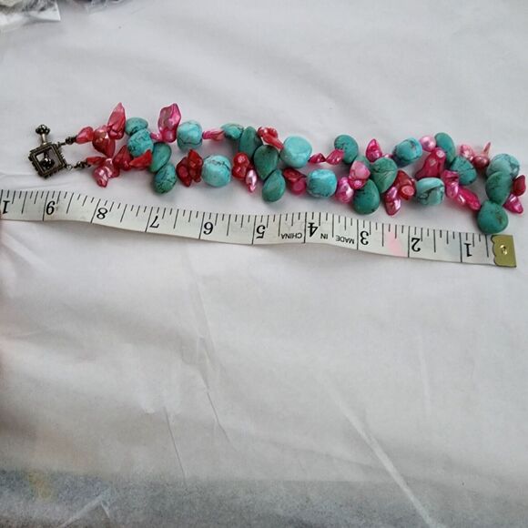 Hand Made Artisan Genuine Turquoise Blue Stone  Pink Baroque Pearls 18" NECKLACE - Picture 10 of 10